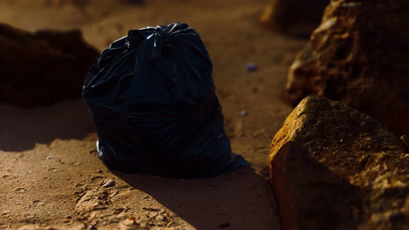 Black Plastic Garbage Bags Full of Trash on the Beach alt