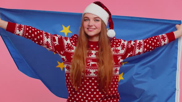 Christmas Girl Waving European Union Flag Smiling Cheering Democratic Human Rights Europe Freedoms alt