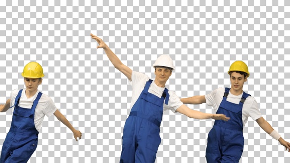 Three dancing construction workers in hard hats, Alpha Channel alt