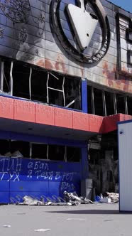 Vertical Video of a Bombed Shopping Center During the War in Bucha Ukraine alt