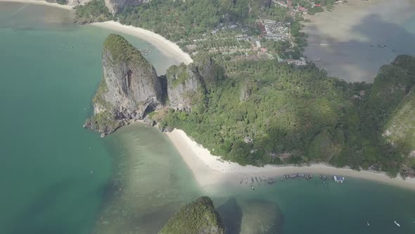 Aerial view of limestone rocks in sea, Phra Nang beach, Krabi Province, coastline Phuket, Thailand. alt