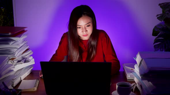 businesswoman working on a laptop computer at night. Business graphic and banner concept