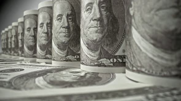 American one hundred dollar paper banknote in close up macro view dolly shot. alt