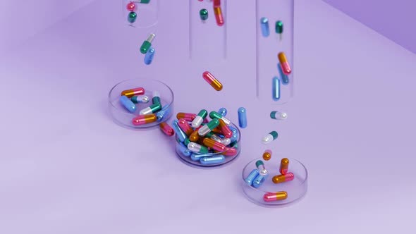 Capsule pills falling from test tubes to Petri dish, healthcare medical concept