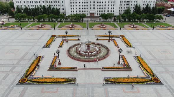 Top Aerial View Over the Fountain on the Square Russia Khabarovsk Lenin Square