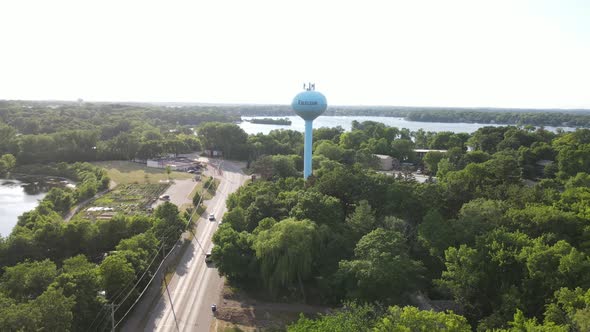 Aerial view of Excelsior, Minnesota, water tower and surrounding area Lake Minnetonka.