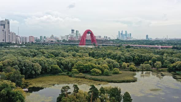 Aerial Drone Flying Up Shot of a Modern Cablestayed Bridge in Moscow Russia alt