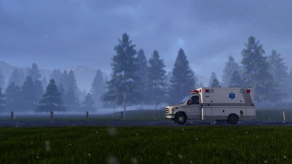 Ambulance Van On Rainy Road