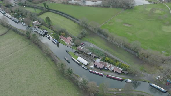 Canal Boat Houses, Narrowboats, Trent Lock, Long Eaton, Nottingham, Aerial Overhead, Dull Winter Day