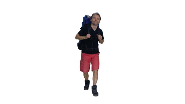 Hiker Man in Black T-shirt and Red Shorts Walking to Camping with Rucksack, Alpha in