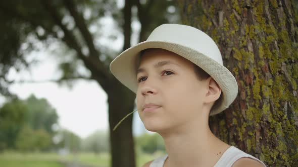 Portrait of a Boy in a Hat Near a Tree in the Park Looks Around