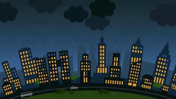 Loopable animation of a modern cityscape on a stormy night with the lightning. alt