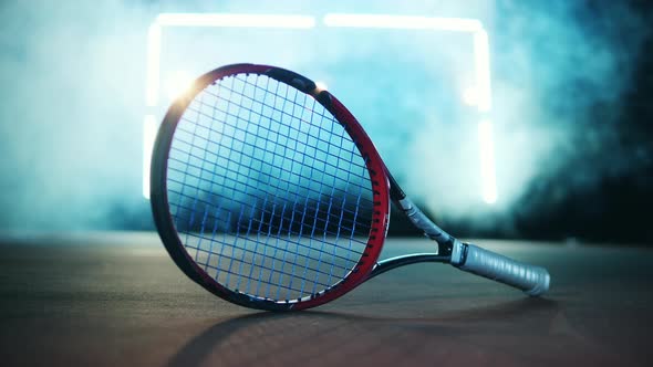 Tennis Racket is Lying on the Floor in a Dark Hall alt