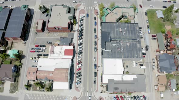 Aerial Establishing Shot of Small Town Road (Main Street, Frisco, Colorado) alt