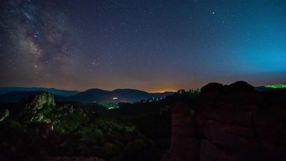 Milky Way galaxy, traffic lights, plane trails and meteor shower during Perseid Stream alt