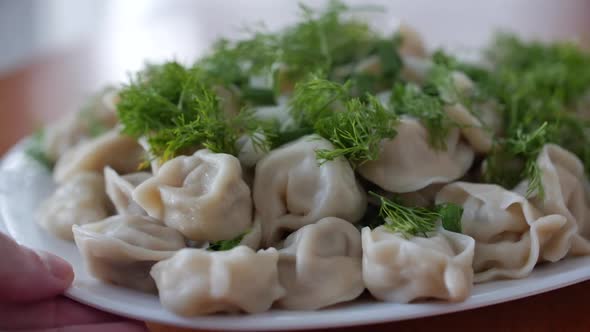 Close Up Sliding Shot of a Plate of Homemade Dumplings with Dill or Herbs on Top and Butter Just alt