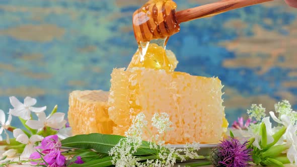 The Honeycombs with Fresh Honey Rotate Slowly on the Rustic Background alt