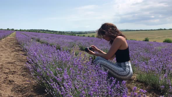 Beautiful woman photographs lavender on a bright sunny day. Lavender field alt