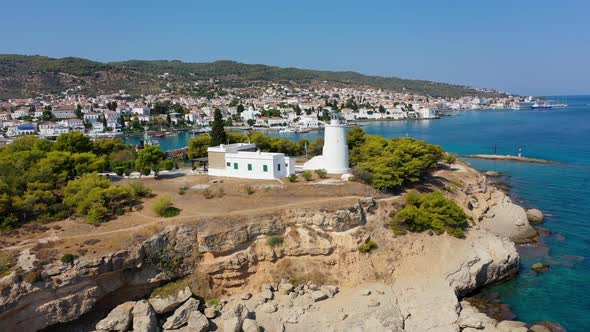 Aerial View of Lighthouse at Spetses Old Town Greece  Drone Videography alt