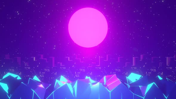 Seamless loop of 80s cyber city with skyscrapers. VJ looping 3D background