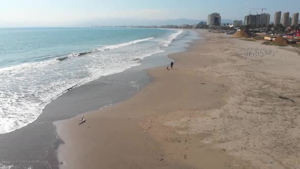 A man runs with a dog, pacific ocean coast beach (Coquimbo, Chile) aerial view alt