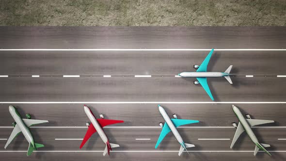 Aerial view of parked airplanes at the airport runway alt