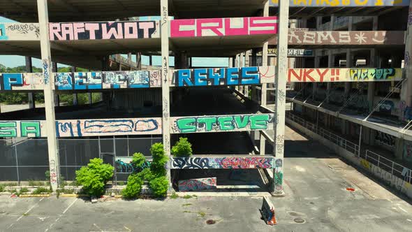 Aerial view of abandoned military support facility in New Orleans with Graffiti alt