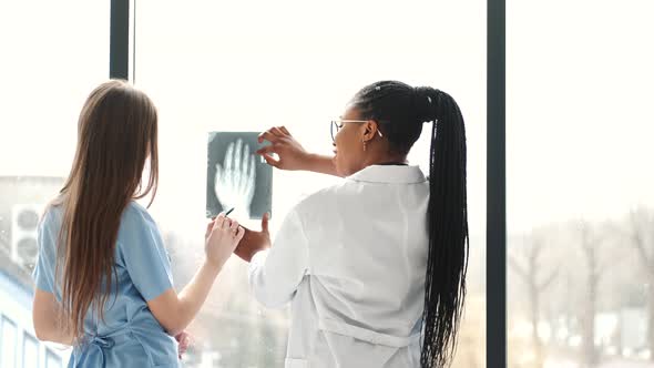 Two Doctors Studying Xray Image in Bright Office alt