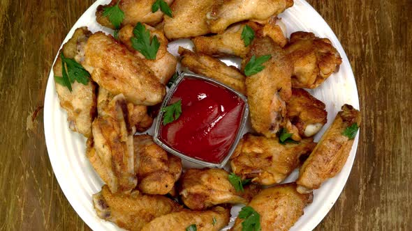 Many fried, sprinkled with parsley, sliced chicken wings with ketchup in middle rotate in plate.