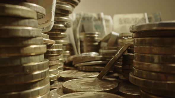 Dolly Footage Through Yellow Metal Coins 10 Russian Rubles alt