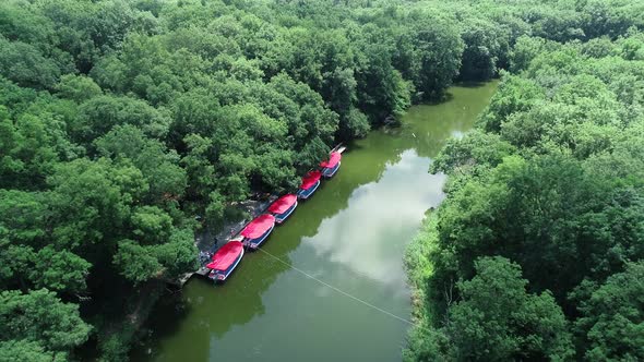 Aerial view of boats for trip on the river. Ropotamo river, Bulgaria. alt
