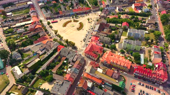 Top aerial panoramic view of Lowicz old town historical city centre with Rynek Market Square, Old To alt
