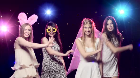 Bachelorette Party Girlfriends Dancing Making Hands the Similar Gestures alt