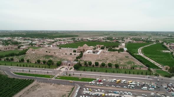 Panorama of Bahouddin Naqshband Memorial Complex Near Bukhara Filmed By Drone Cam on a Cloudy Day alt