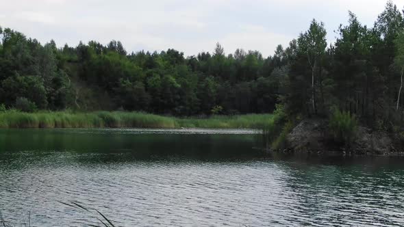 Low View of Beautiful Summer Lake With Grass in Foreground Surrounded by Forest Tracking Forward alt