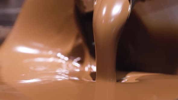 Chocolate Production At Factory. Melted Chocolate Closeup alt