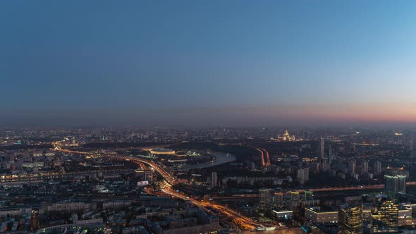 Moscow City Panorama Day to Night Timelapse Aerial View