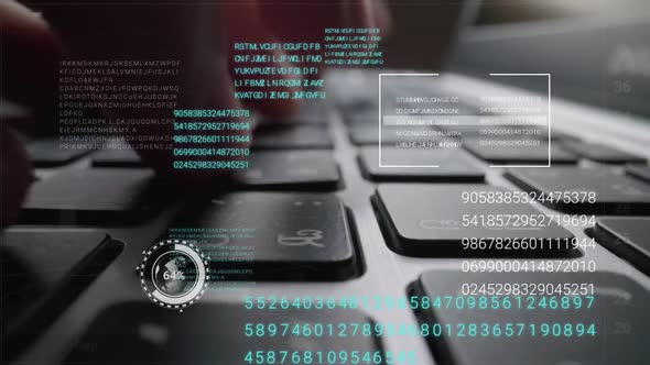 Man Working on Laptop Computer Keyboard with Graphic User Interface GUI Hologram alt