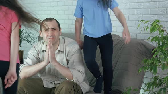 Father with crazy children. alt