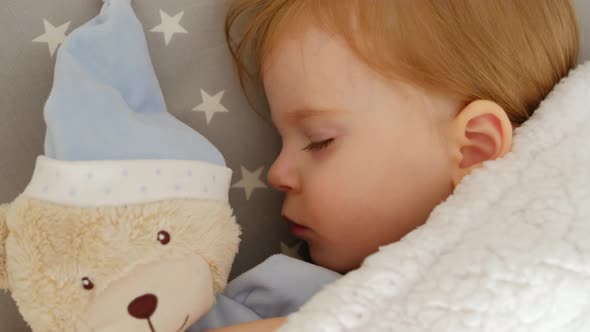 Close-up of a cute sleeping beautiful girl on a pillow with a bear