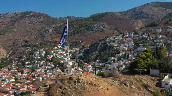 Aerial View of Hydra Old Town and Marina or Seaport Greece  Drone Videography alt