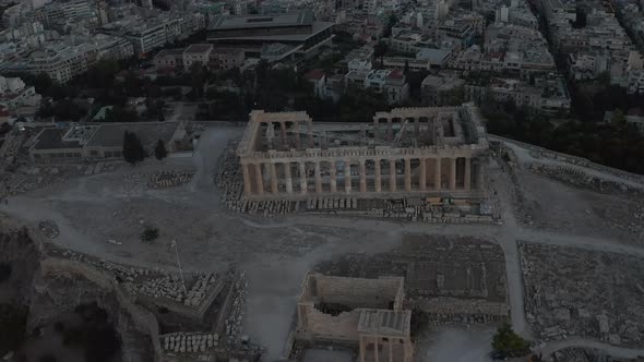 Overhead Top Down Birds View of Acropolis in Athens, Greece at Dusk