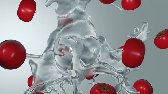Fresh Tomatoes and water spinning in the air. High quality 4K seamless loopable (with alpha)