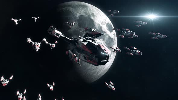 Sci-Fi Battleship Fleet in Moon Orbit
