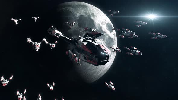 Sci-Fi Battleship Fleet in Moon Orbit alt