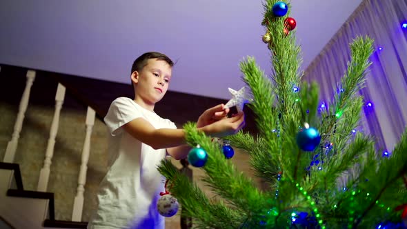 Boy decorates Christmas tree. Happy children decorating the Christmas tree alt