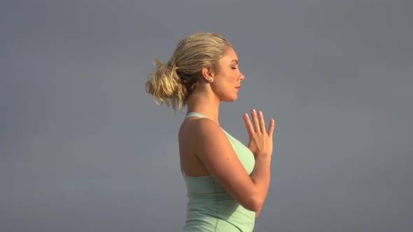 A young attractive woman doing yoga on the beach. alt