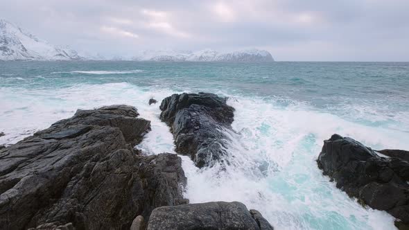 Norwegian Sea Waves on Rocky Coast of Lofoten Islands Norway alt