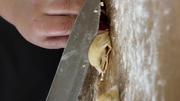 Vertical Shot Close Up Female Baker Makes Rolls with Sugar Cinnamon for Buns Slices Dough Roll