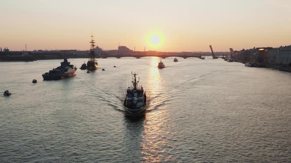 Aerial Landscape with Warships in the Neva River Before the Holiday of the Russian Navy at Early alt